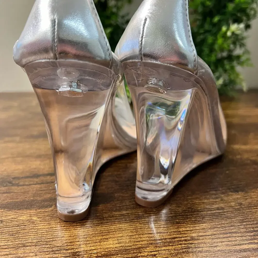 Berness Clare Clear Wedge Pumps 6 Party Pointed Toe Silver Slip On Going Out